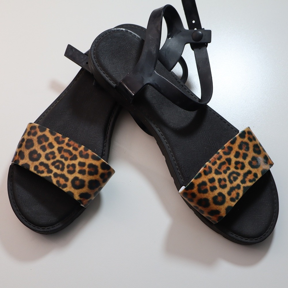 Xirella Jelly Sandals Womens 9 Leopard Print Black Ankle Strap Flat Shoes - Picture 2 of 8